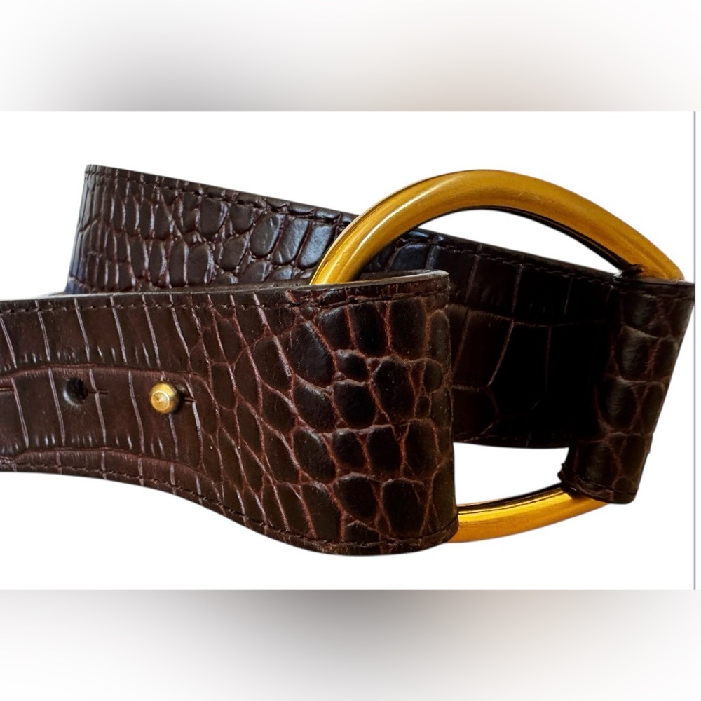 Talbots leather belt size L chocolate brown gold open buckle crocodile preppy